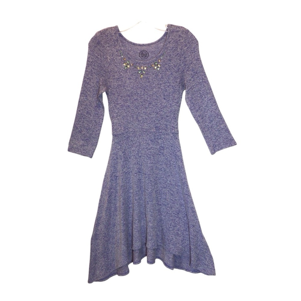 SO Girls Heather Blue Sharkbite Sweater Dress XL (16) Rhinestone Stretch
